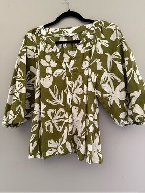 Sonoma Olive Green and White Floral Peasant Top